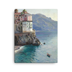 View of the Atrani Coast Near Amalfi, Italy by Peder Mork Mønsted, 1925 canvas print on a plain backdrop in size 16"x20".