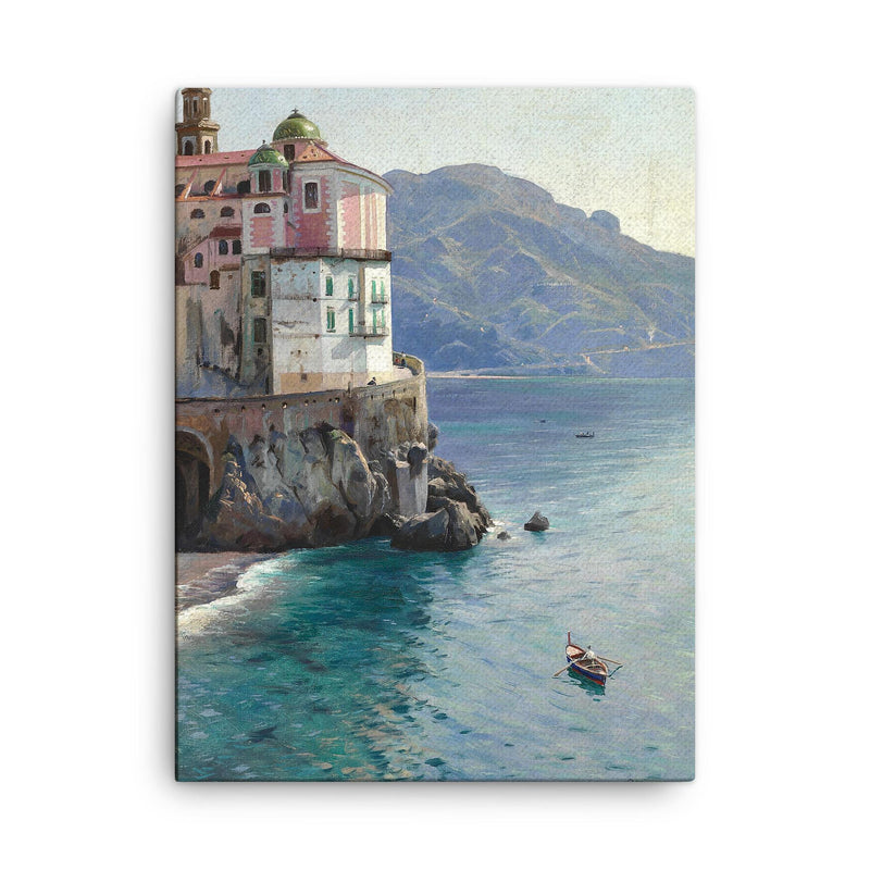 View of the Atrani Coast Near Amalfi, Italy by Peder Mork Mønsted, 1925 canvas print on a plain backdrop in size 18