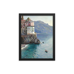 View of the Atrani Coast Near Amalfi, Italy by Peder Mork Mønsted, 1925 framed print on a plain backdrop in size 12"x16".