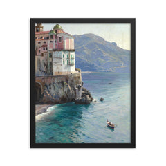 View of the Atrani Coast Near Amalfi, Italy by Peder Mork Mønsted, 1925 framed print on a plain backdrop in size 16"x20".