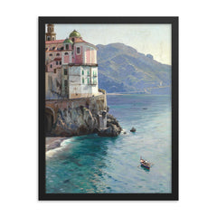 View of the Atrani Coast Near Amalfi, Italy by Peder Mork Mønsted, 1925 framed print on a plain backdrop in size 18"x24".