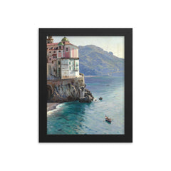 View of the Atrani Coast Near Amalfi, Italy by Peder Mork Mønsted, 1925 framed print on a plain backdrop in size 8"x10".