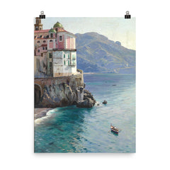 View of the Atrani Coast Near Amalfi, Italy by Peder Mork Mønsted, 1925 poster on a plain backdrop in size 8"x10".