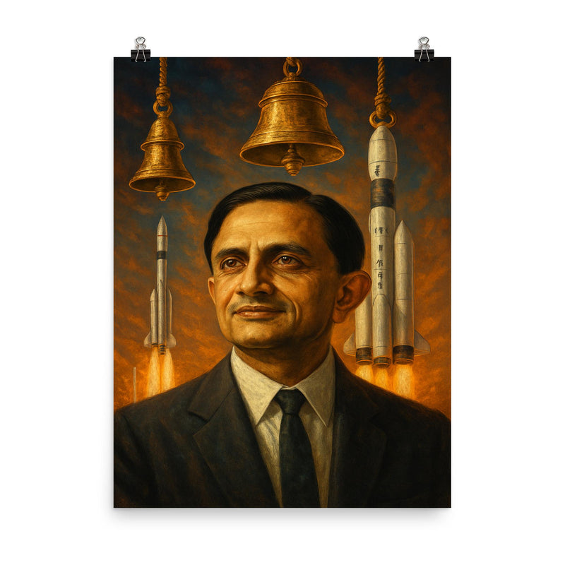 Vikram Sarabhai with rockets and temple bells poster on a plain backdrop in size 8