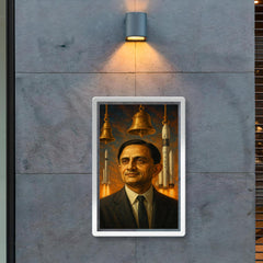 Vikram Sarabhai with rockets and temple bells poster 2