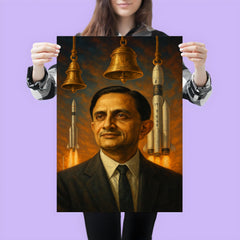 Vikram Sarabhai with rockets and temple bells poster 3