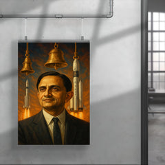 Vikram Sarabhai with rockets and temple bells poster 4