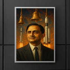 Vikram Sarabhai with rockets and temple bells poster 5