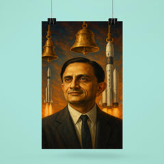Vikram Sarabhai with rockets and temple bells poster 6
