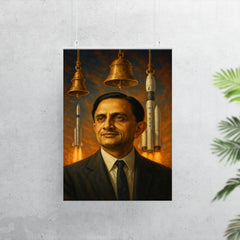 Vikram Sarabhai with rockets and temple bells poster 7