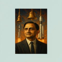 Vikram Sarabhai with rockets and temple bells poster 8