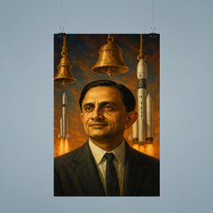 Vikram Sarabhai with rockets and temple bells poster 9