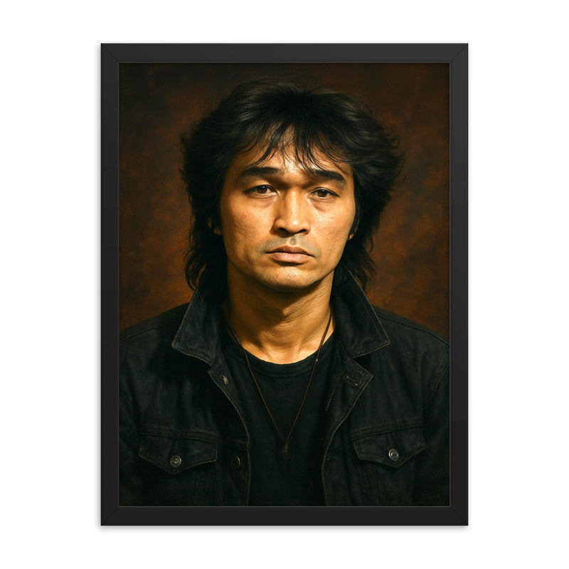 Viktor Tsoi portrait framed print on a plain backdrop in size 18