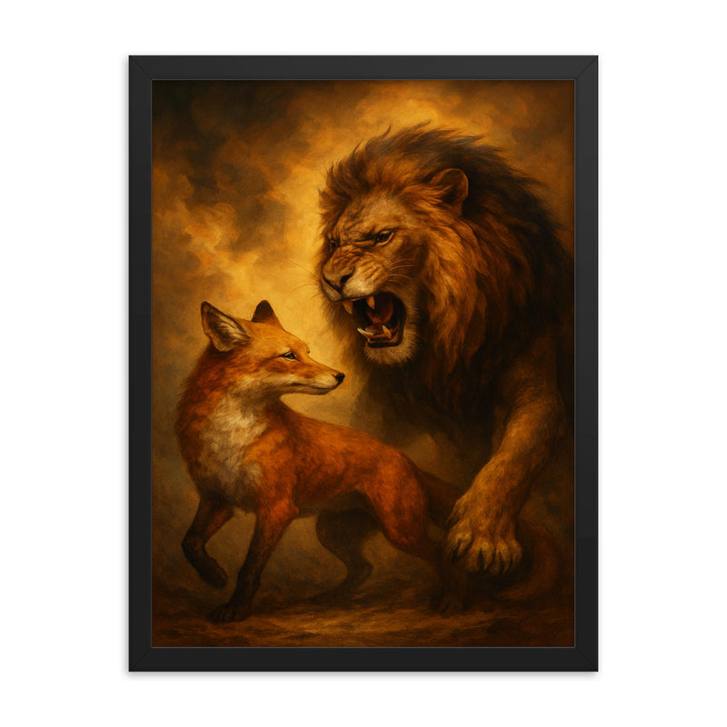 Vilfredo Pareto foxes and lions allegory framed print on a plain backdrop in size 18