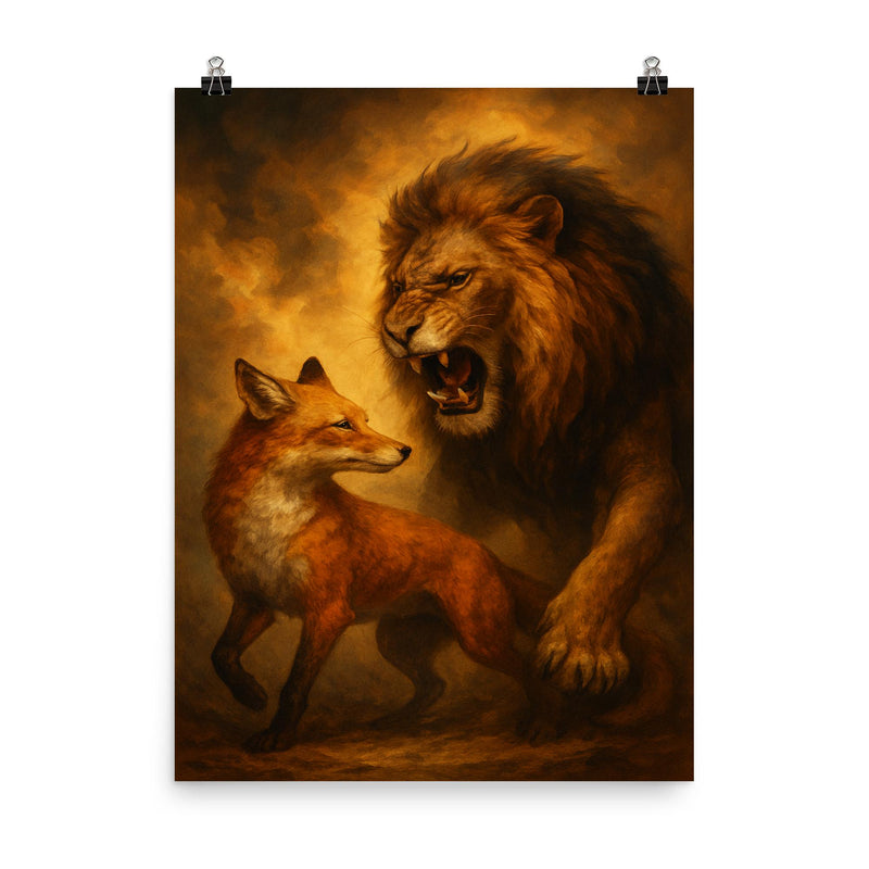 Vilfredo Pareto foxes and lions allegory poster on a plain backdrop in size 8