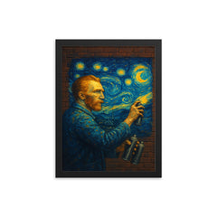 Vincent van Gogh painting a Starry Night mural with spray cans on a brick wall framed print on a plain backdrop in size 12"x16".