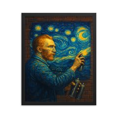 Vincent van Gogh painting a Starry Night mural with spray cans on a brick wall framed print on a plain backdrop in size 16"x20".