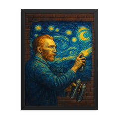 Vincent van Gogh painting a Starry Night mural with spray cans on a brick wall framed print on a plain backdrop in size 18"x24".