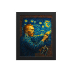 Vincent van Gogh painting a Starry Night mural with spray cans on a brick wall framed print on a plain backdrop in size 8"x10".