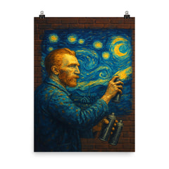 Vincent van Gogh painting a Starry Night mural with spray cans on a brick wall poster on a plain backdrop in size 8"x10".