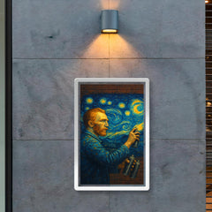 Vincent van Gogh painting a Starry Night mural with spray cans on a brick wall poster 2