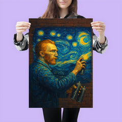 Vincent van Gogh painting a Starry Night mural with spray cans on a brick wall poster 3