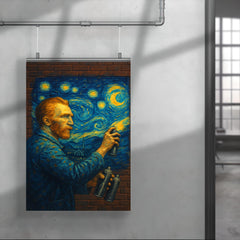 Vincent van Gogh painting a Starry Night mural with spray cans on a brick wall poster 4