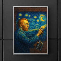 Vincent van Gogh painting a Starry Night mural with spray cans on a brick wall poster 5