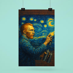 Vincent van Gogh painting a Starry Night mural with spray cans on a brick wall poster 6