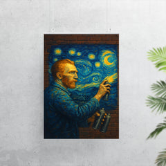 Vincent van Gogh painting a Starry Night mural with spray cans on a brick wall poster 7