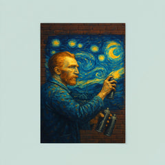 Vincent van Gogh painting a Starry Night mural with spray cans on a brick wall poster 8