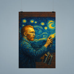 Vincent van Gogh painting a Starry Night mural with spray cans on a brick wall poster 9