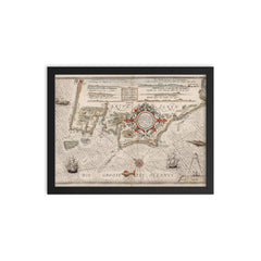Vintage 1580 nautical map of Britanny coast from Batz to Vannes framed print on a plain backdrop in size 12"x16".