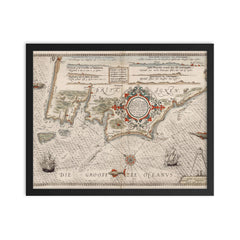 Vintage 1580 nautical map of Britanny coast from Batz to Vannes framed print on a plain backdrop in size 16"x20".