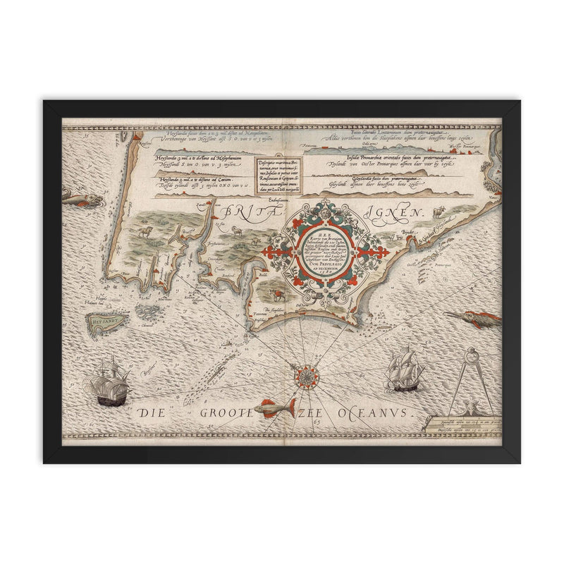 Vintage 1580 nautical map of Britanny coast from Batz to Vannes framed print on a plain backdrop in size 18