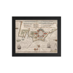Vintage 1580 nautical map of Britanny coast from Batz to Vannes framed print on a plain backdrop in size 8"x10".