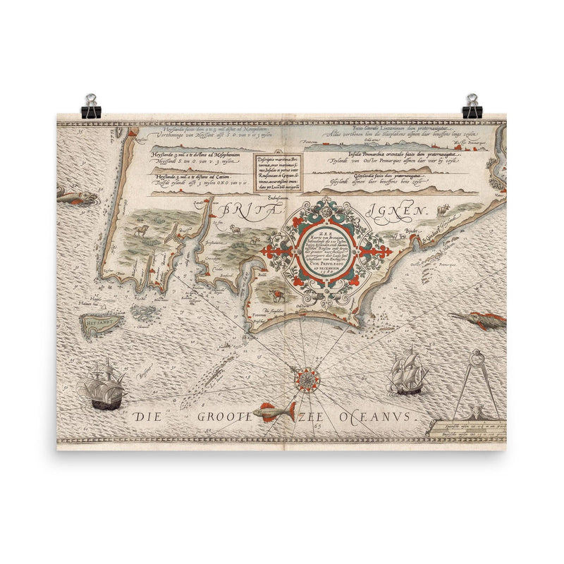 Vintage 1580 nautical map of Britanny coast from Batz to Vannes poster on a plain backdrop in size 8