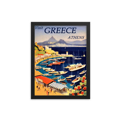 Vintage Athens Greece travel poster framed print on a plain backdrop in size 12"x16".