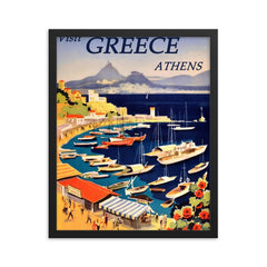 Vintage Athens Greece travel poster framed print on a plain backdrop in size 16"x20".