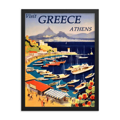 Vintage Athens Greece travel poster framed print on a plain backdrop in size 18"x24".