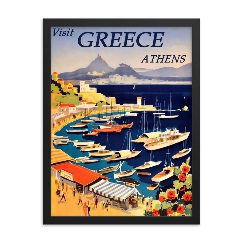 Vintage Athens Greece travel poster framed print on a plain backdrop in size 18
