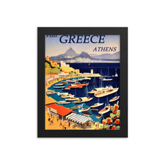 Vintage Athens Greece travel poster framed print on a plain backdrop in size 8"x10".