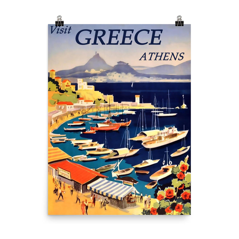 Vintage Athens Greece travel poster poster on a plain backdrop in size 8