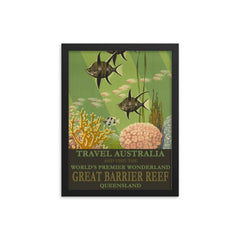 Vintage Australia Great Barrier Reef travel poster framed print on a plain backdrop in size 12"x16".