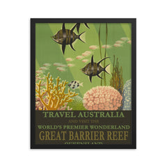 Vintage Australia Great Barrier Reef travel poster framed print on a plain backdrop in size 16"x20".