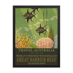 Vintage Australia Great Barrier Reef travel poster framed print on a plain backdrop in size 18"x24".