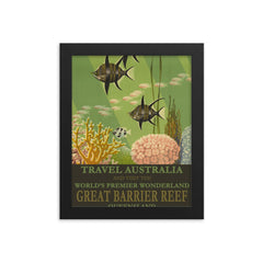 Vintage Australia Great Barrier Reef travel poster framed print on a plain backdrop in size 8"x10".