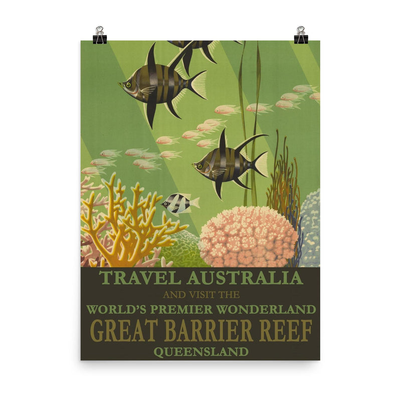 Vintage Australia Great Barrier Reef travel poster poster on a plain backdrop in size 8