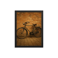 Vintage bicycle leaning against a weathered brick wall framed print mockup 12x16