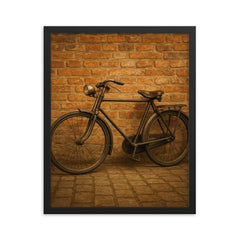 Vintage bicycle leaning against a weathered brick wall framed print mockup 16x20